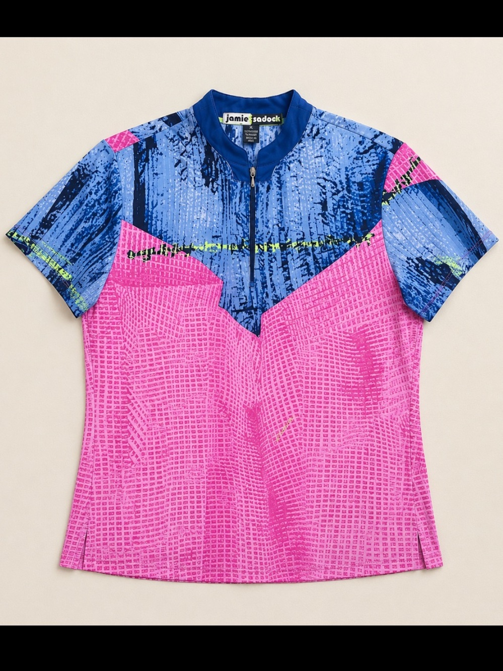 Jamie Sadock Golf Top XL Pink Blue Abstract Print 1/4 Zip Stretch Shirt Quirky